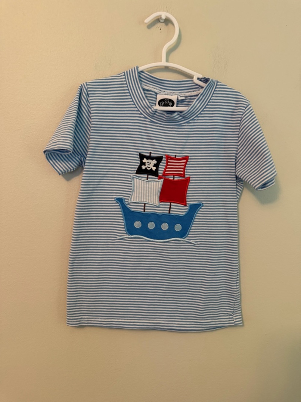 PBJ Blue Striped Kids Tee with Pirate Ship Appliqué